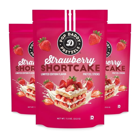 Pop Daddy Flavored Pretzels Sticks, Healthy Gourmet Pretzels Snacks, 7.5oz Individual Bags, 3 Pack, Strawberry Shortcake