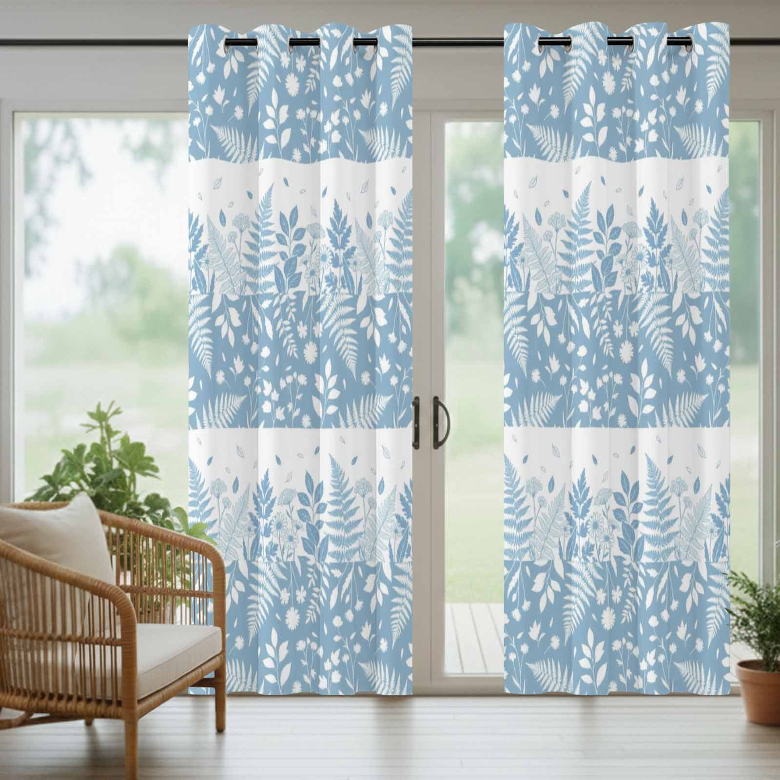 Spring Ferns Outdoor Curtains for Patio, Country Blue Floral Leaf Fern Sunshade Privacy Drapes Grommet Waterproof Outside Curtains for Porch/Cabana/Balcony 54"x 108", 1 Panel