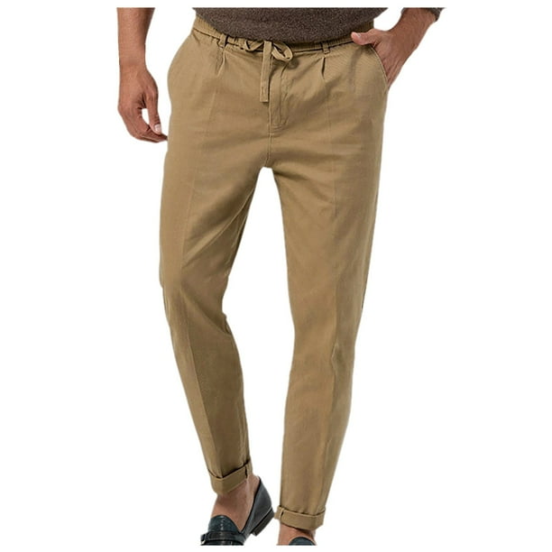 Pantalones de vestir rectos con cintura elástica y color liso para hombre: corte holgado, cordón, lavables a máquina, cómodos pantalones de estilo europeo.
