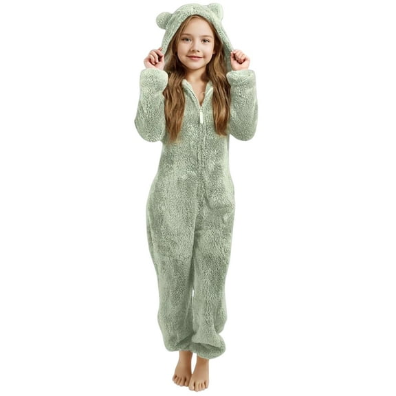 Coerni Boys Girls Fleece Onesie Warm Winter Sherpa Fleece Bed Jumpsuit Kids Plain Zip Up Long Sleeve Cute Bear Hooded Rompe𝐫