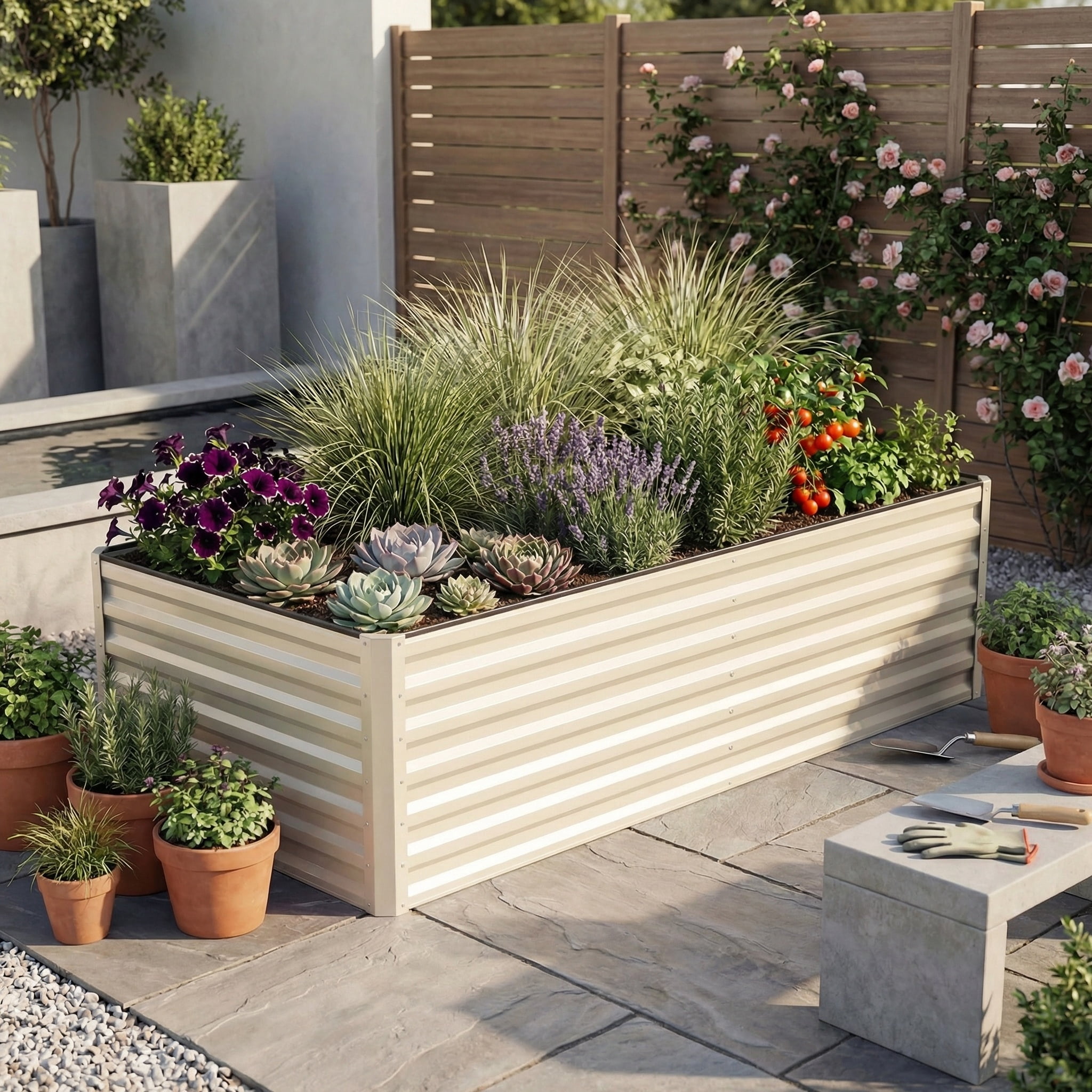 Uforic 6x3x2 ft Galvanized Raised Garden Bed Kit, Cream Metal Planter Box with Gloves, Ground Nails & Support Rod, Outdoor Above Ground Planter for Vegetables, Flowers, Plants