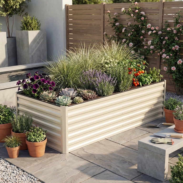 Uforic Off-White Metal Raised Garden Bed Kit, 3x6x2 ft, Gloves