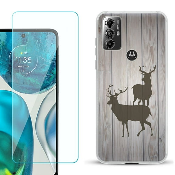 OneToughShield ® for Motorola Moto G Play 2023 Shockproof Fashion Phone Case, with Tempered Glass Screen Protector - Wood/Deer