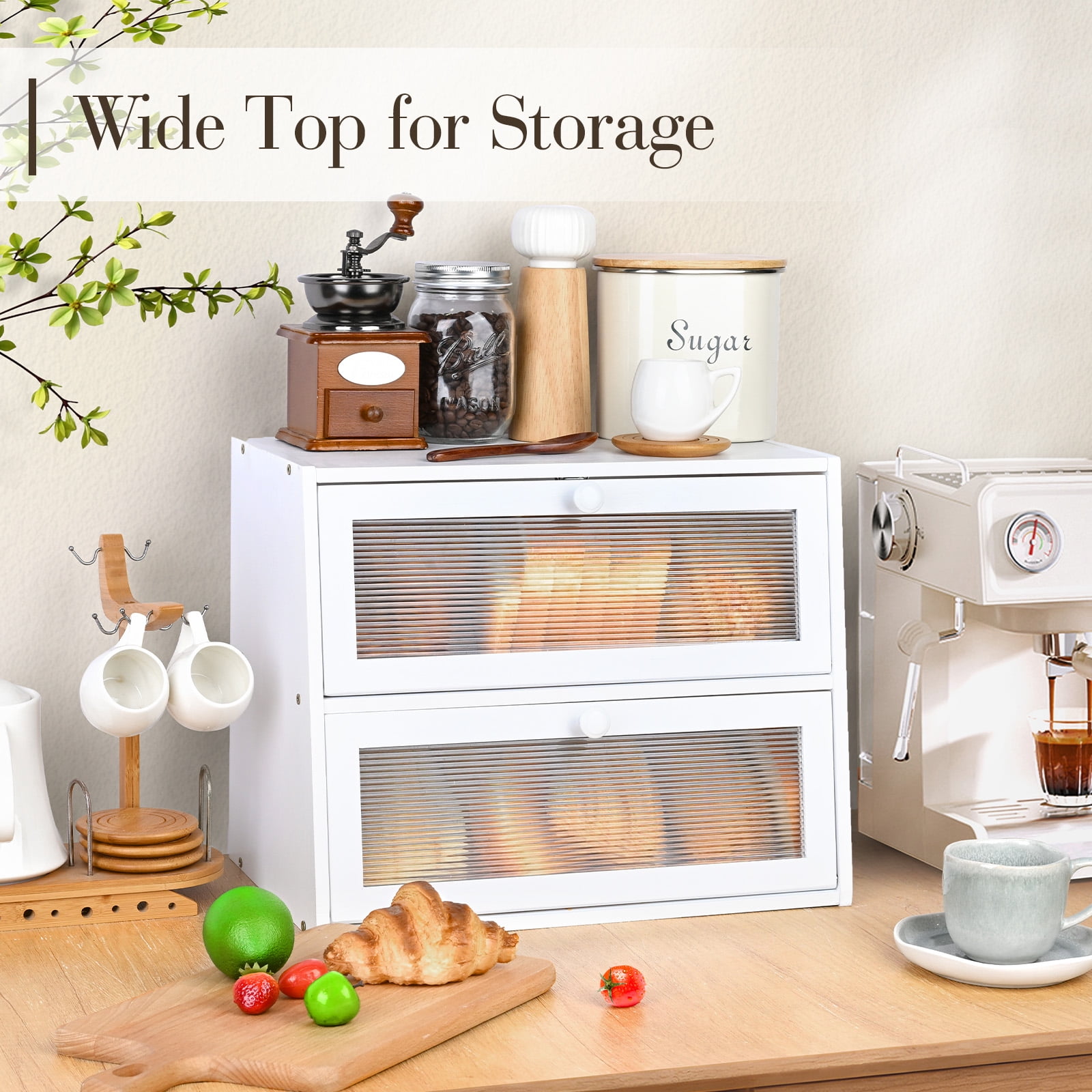 Bamboo Bread Box for Kitchen Countertop, Double Layer Bread Container, Bread Storage with Acrylic Wavy Door Panel, White