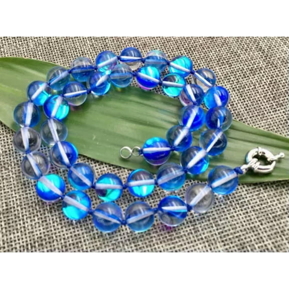 K-KED New 6/8/10/12mm Multicolor Gleamy Rainbow Moonstone Round Gems Necklace 18-36''-Blue-10 mm-32 in