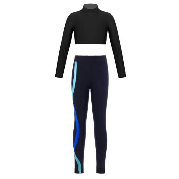 TiaoBug Kids Girls Mock Neck Long Sleeve Gymnastics Crop Top with Leggings Sport Yoga Dance Activewear Royal Blue 6