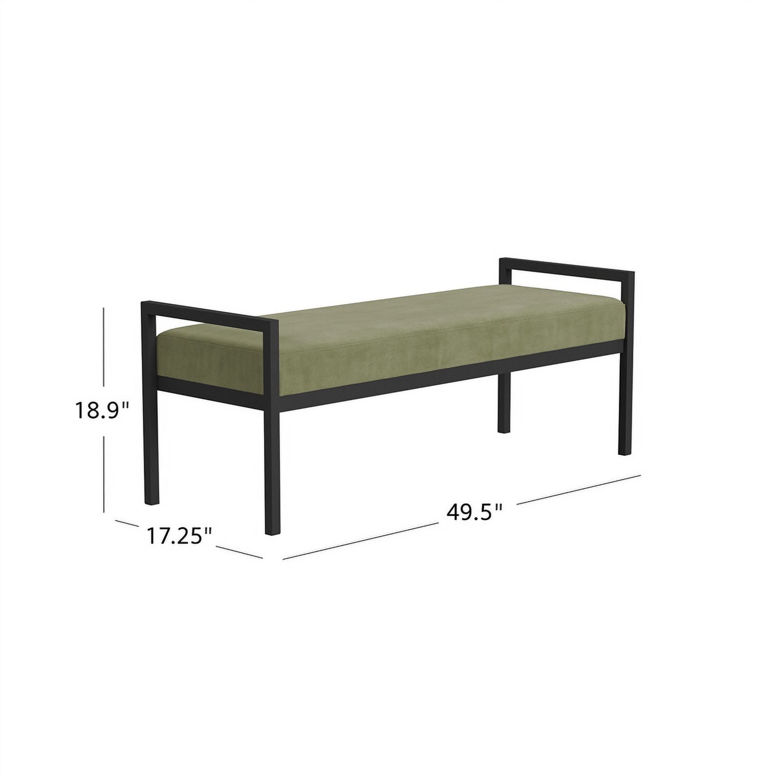HomePop Modern Metal & Velvet Bench, 49.5"W x 17.25"D x 19"H, Light Sage Green/Black