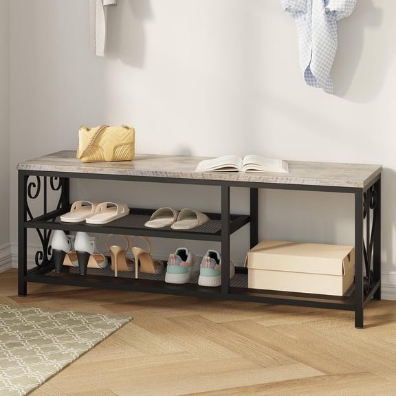 Entryway Storage Bench with Shoe Rack, 47.2" Wide Hallway Bench with Seating, Rustic Wood Top & Metal Frame, 2-Tier Shoe Organizer for Entryway, Bedroom, or Living Room, Weathered Wood
