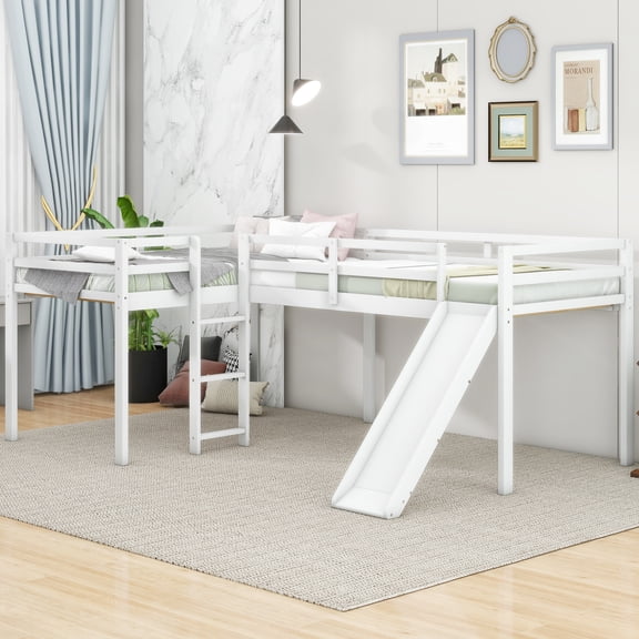 DeepRoar L-Shaped Twin and Twin Loft Bed with Ladder and Slide, Wooden Loft Bed for Teens Adults, Twin Loft Bed for Bedroom, White
