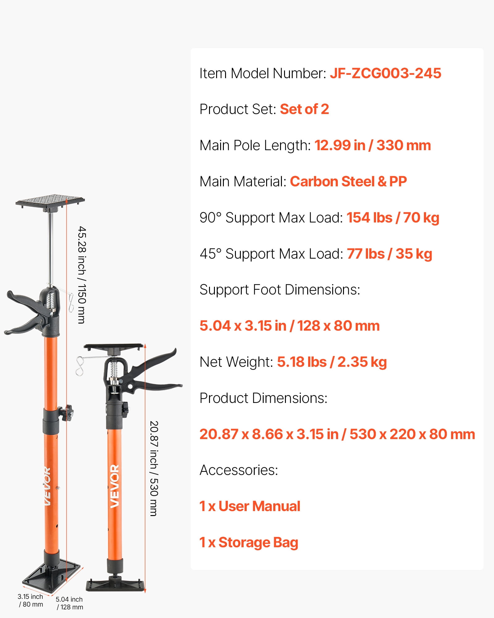 VEVOR Cabinet Jack Support Pole, 2-Pack, 21.3-60 Inch Steel Telescopic Quick Support Rod, Adjustable 3rd Hand System up to 154 lbs Capacity for Installing Cabinets, Lifting Drywall, Cargo Bars