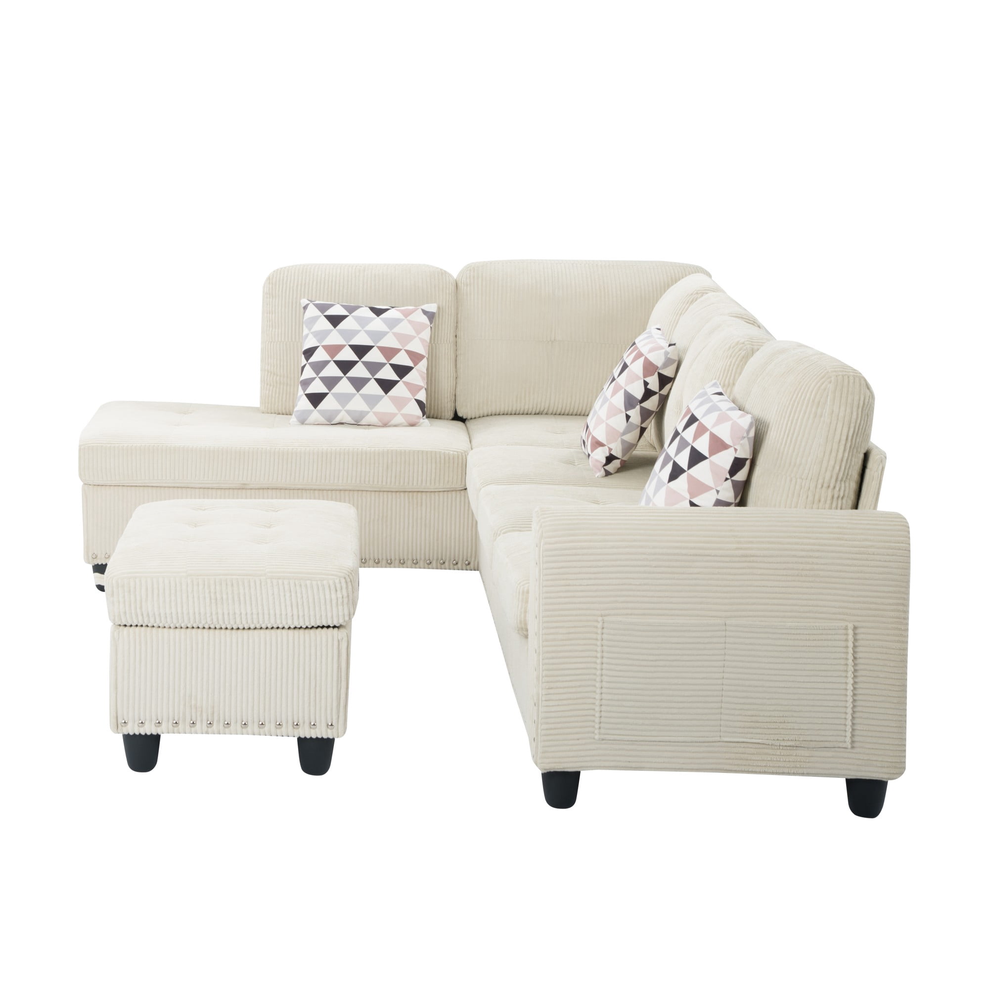 Gewnee 94.49” L-Shaped Modular Sectional Sofa with Nail Head-Design, with Storage Ottoman& 3 Headrests & 2 Built-in Cup Holders, Suitable for Living Rooms, Offices and Reception Rooms.Beige