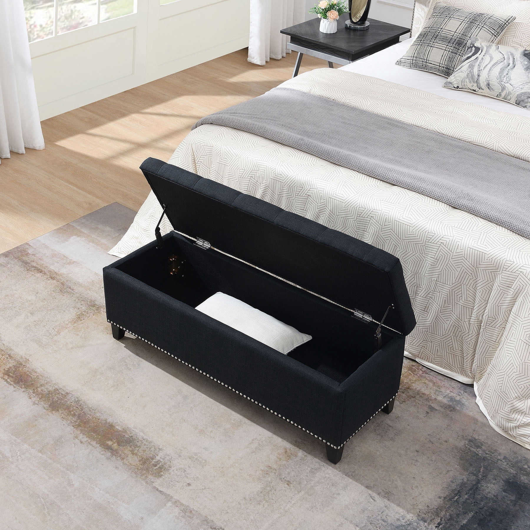 S-HOME Versatile 47.5-Inch Ottoman Storage Seat  with Safety Close Hinge, Teddy Upholstered Ottoman for Home Organization, Black