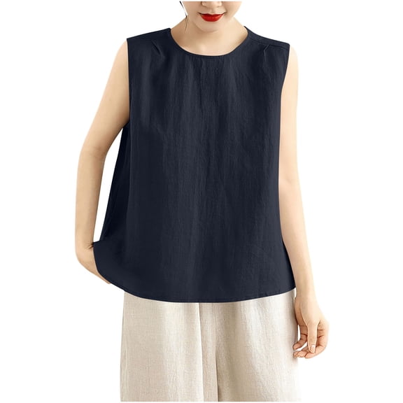 LEKWK Womens Linen Tank Top Boxy Fit Sleeveless Tops Round Neck Summer Tops Shoulder Pleats Solid Inner Layering Vacation Wear