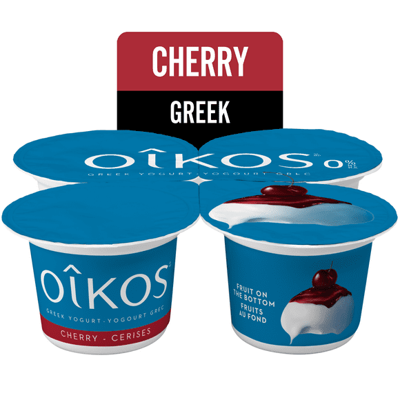 Oikos Greek Yogurt, Cherry, Fruit on the Bottom, 0% M.F., 4 x 100 g