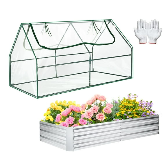 Homdox 6 * 3 * 3FT Greenhouse with 2 Zippered Screen Windows, Outdoor Garden Yard Greenhouse Tent with 6 * 3 * 1FT Galvanized Raised Garden Bed for Vegetable Flower Fruit, Clear Greenhouse Garden Bed