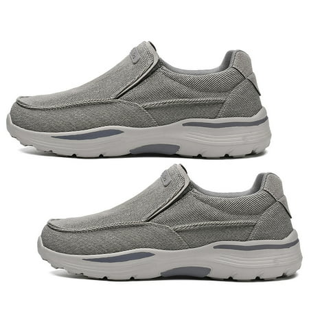 Men s Slip On Loafers  Arch Support Boat Shoes for Plantar Fasciitis  Canvas Leisure Vintage Flat Walking Orthopedic Shoes for Extra Cushioning and Pain Relief Grey
