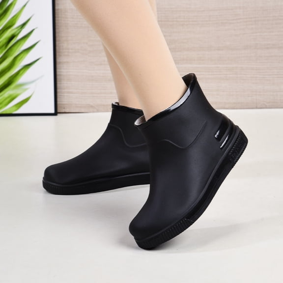 pwidon Waterproof Rain Boots for Women Slip On Short Ankle Slip Resistant Flat Sole Lightweight Casual Low Height Rubber Wet Weather Footwear Black 36