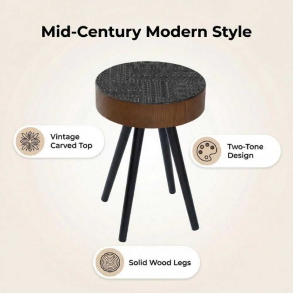 15.7" Round Drink Table, Small Wooden Side Table with Solid Wood Legs, Mid-Century Modern Accent Table for Living Room, Bedroom, Sofa, Black & Brown