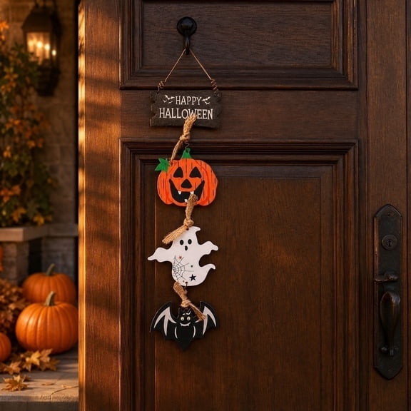 Halloween Wooden Vertical Door Hanging Sign with Ghost Bat, Spooky Front Porch Wall Ornament for Indoor Outdoor Halloween Party Decorations