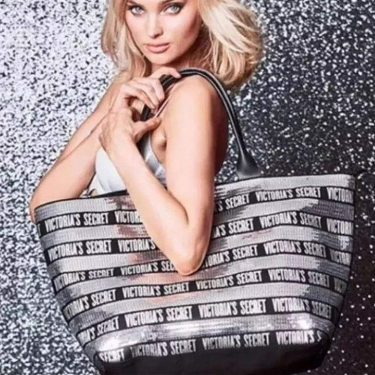 Victoria's Secret Tote Bag 2 Piece Set Black With Silver Sequins