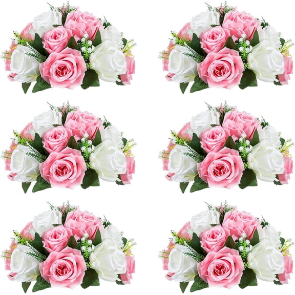 Tkrady 6Pcs Flower Ball Arrangement Bouquet,15 Heads Roses with Base, Suitable for Our Store's Wedding Centerpiece Flower Rack for Parties Valentine's Day Home Décor (Pink & White)