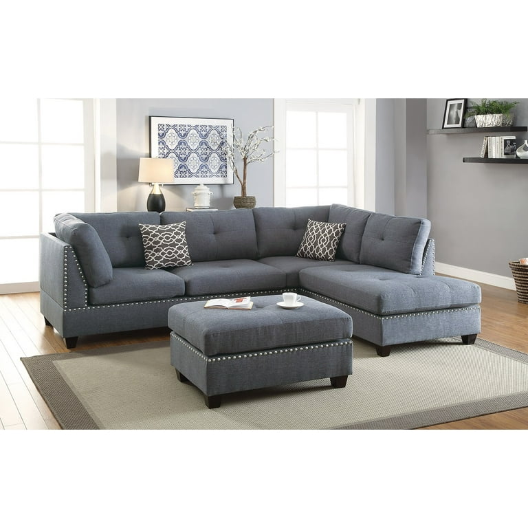 3 pcs Sectional Sofa Blue Grey Polyfiber Cushion Sofa Chaise