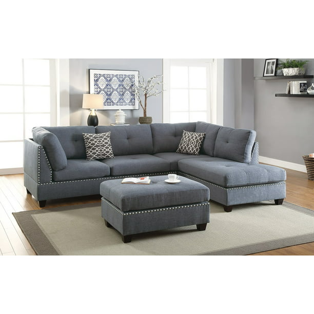Modern Living Room Blue Grey Nailhead, Grey Sectional Sofa Nailhead Trim