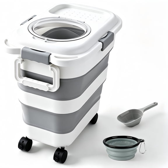 25 Lbs Collapsible Dog Food Storage Container,Dog Cat Food Bin with Wheels,Scoop & Foldable Bowl,Easy to Move,Grey