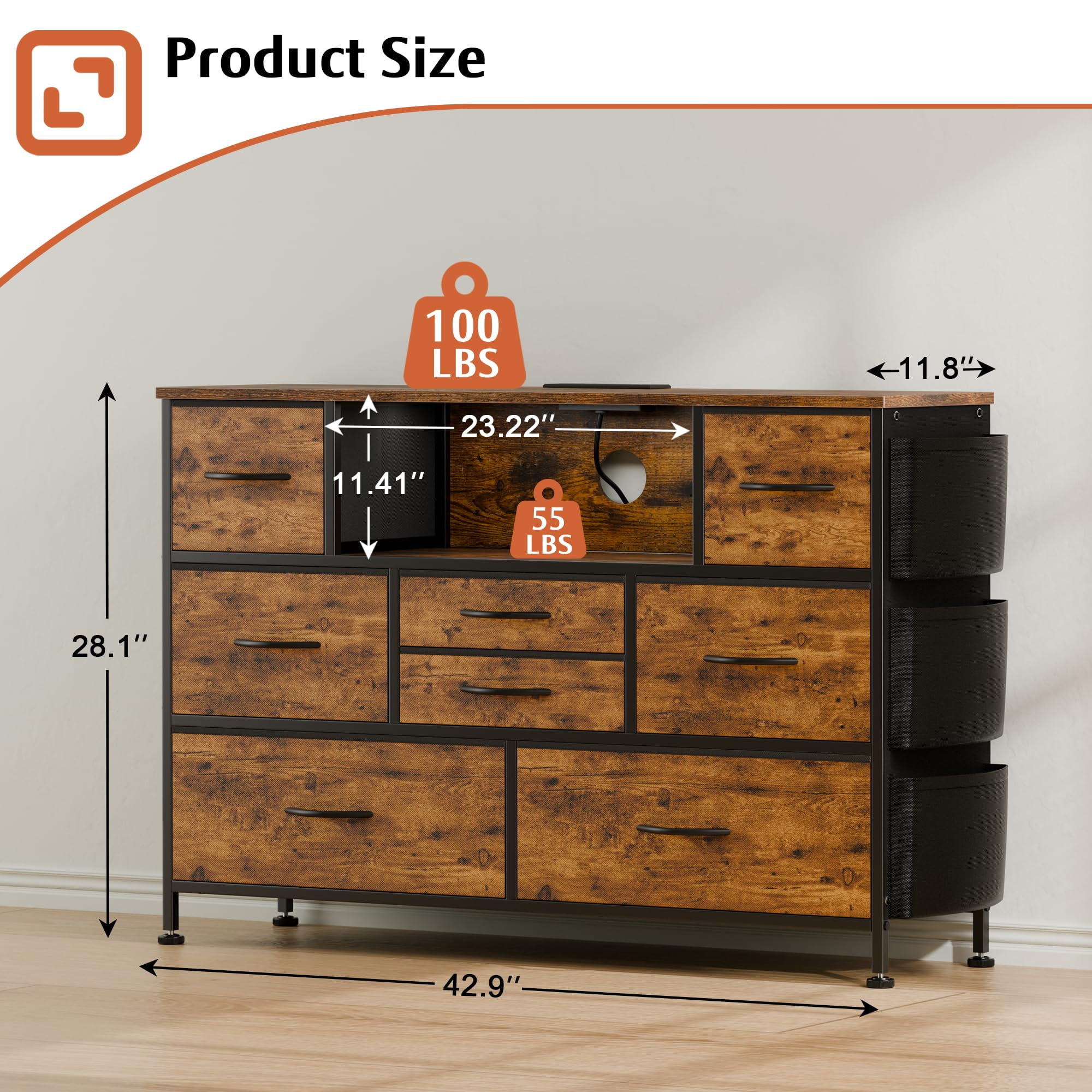 GIKPAL Dressers for Bedroom, 8 Drawer Dresser with LED Lights, Chest of Drawers with Side Pockets & Power Outlet Ports, Storage Drawers Nightstand, Bedroom Furniture Brown