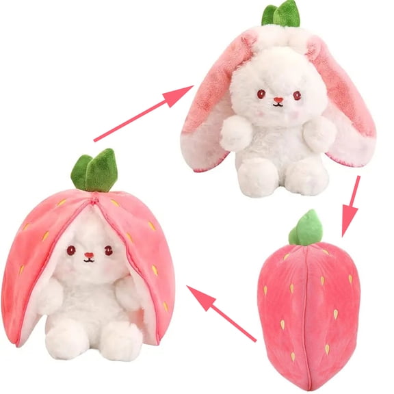 Strawberry Easter Bunny Plush Toy Transformable Rabbit Cute Stuffed Animal, Pink, 9 inch