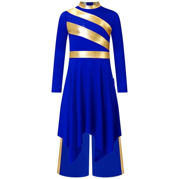 Doomiva Kids Girls Worship Praise Dance Dress Metallic Long Sleeve Outfit with Palazzo Pants Liturgical Church Robe Blue 6