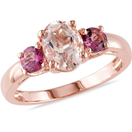 1-1/2 Carat T.G.W. Oval and Round-Cut Morganite and Pink Tourmaline Pink Rhodium-Plated Sterling Silver 3-Stone Ring