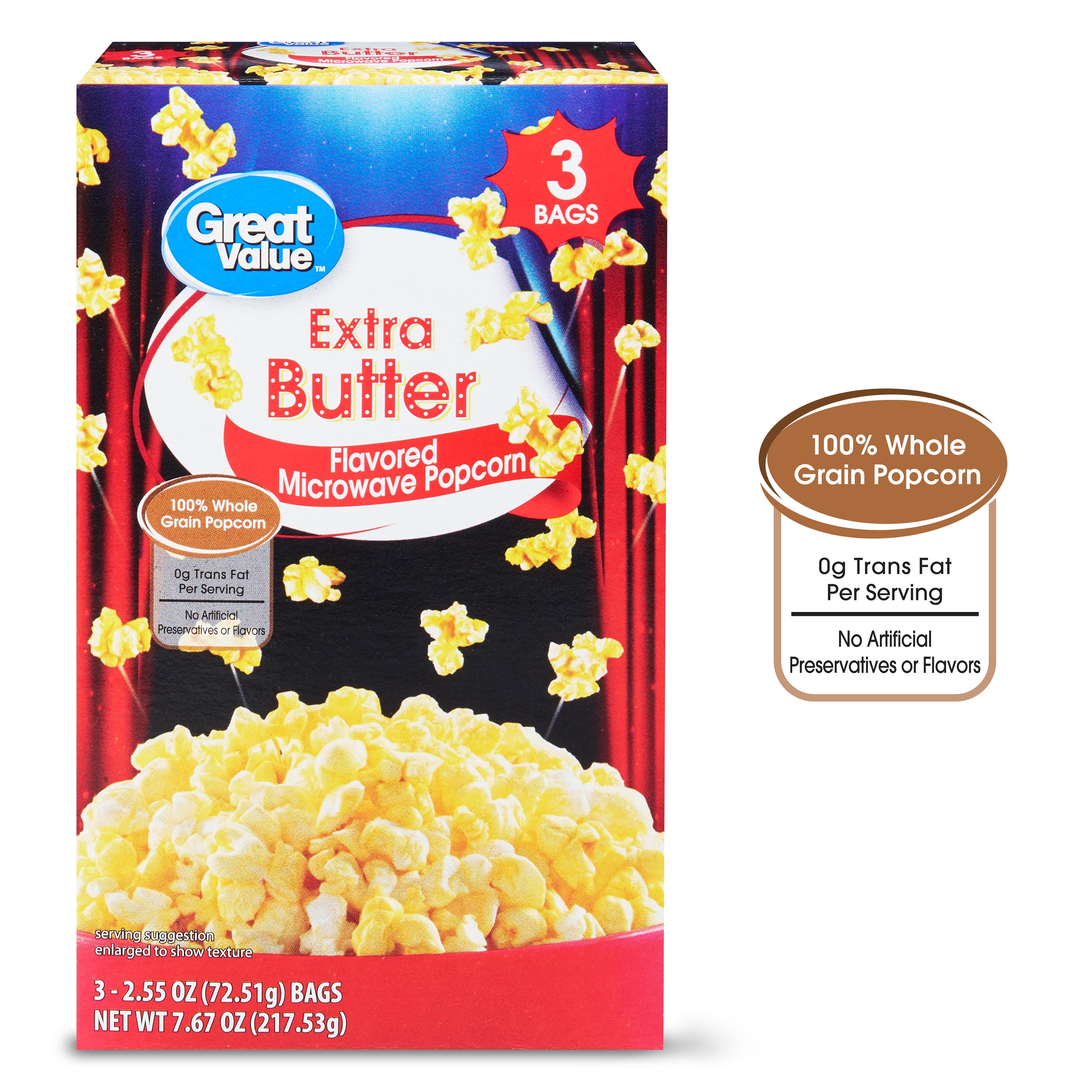 Great Value Flavored Microwave Popcorn, Extra Butter, 7.67 oz, 3 Count