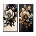 thumbnail image 2 of Designart "Black and Gold Camellias in Bouquet II" Camellia Framed Wall Art Set Of 2 - Black Floral Framed Canvas Set For Living Room Decor, 2 of 7