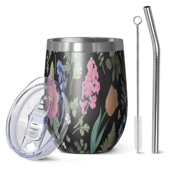 12oz Stemless Wine Tumblers Pioneer Flower Floral Print Pattern Vacuum Insulated Stainless Steel Travel Tumbler Cups Mug with Lid and Straw for Champaign,Cocktail,Beer with Cleaning Brush