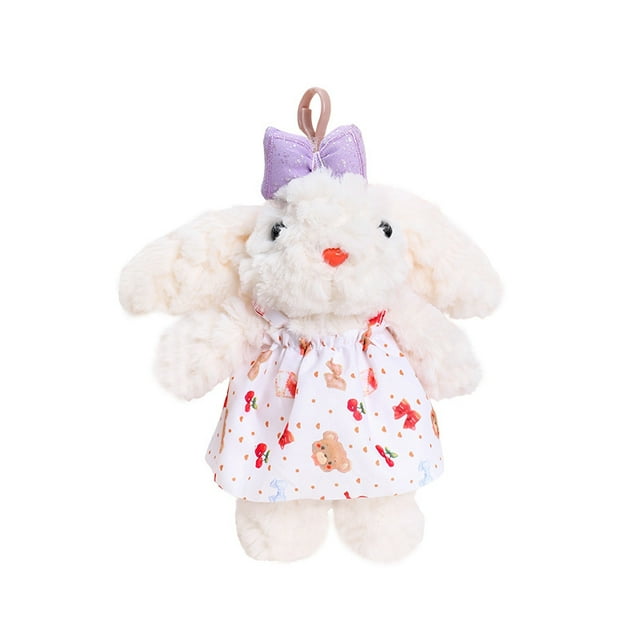 Llavero de conejito de peluche con vestido de conejo de orejas largas, color morado