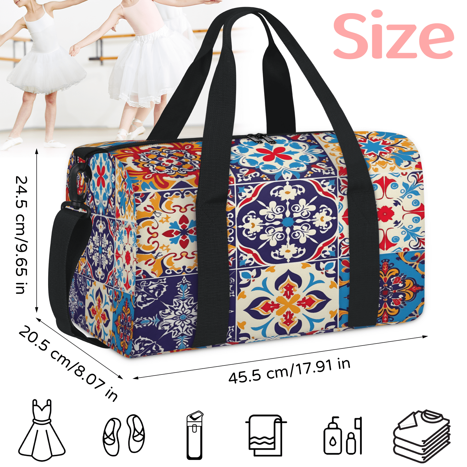 Herdesigns Mexican Talavera Tile Gym Bag for Women, Duffle Bag for Travel Sport, Lightweight Waterproof Carry on Weekender Overnight Dance Yoga Workout Bags