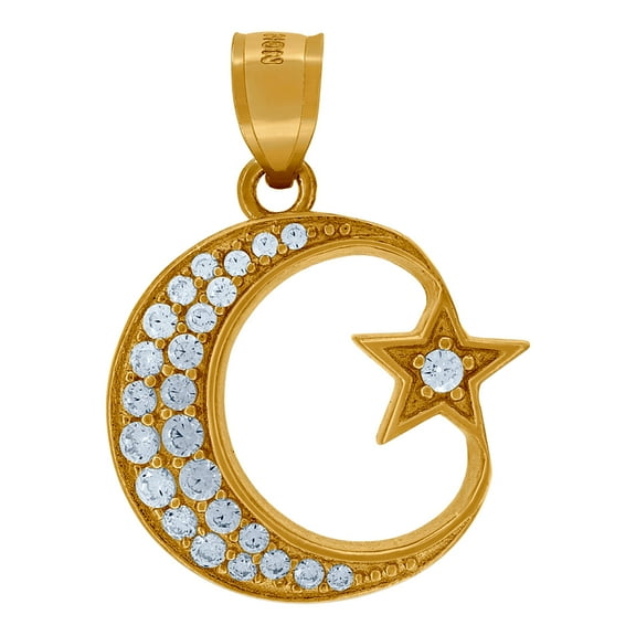 10k Yellow Gold Mens Cubic Zirconia Celestial Moon & Star Religious Charm Pendant Necklace for Men