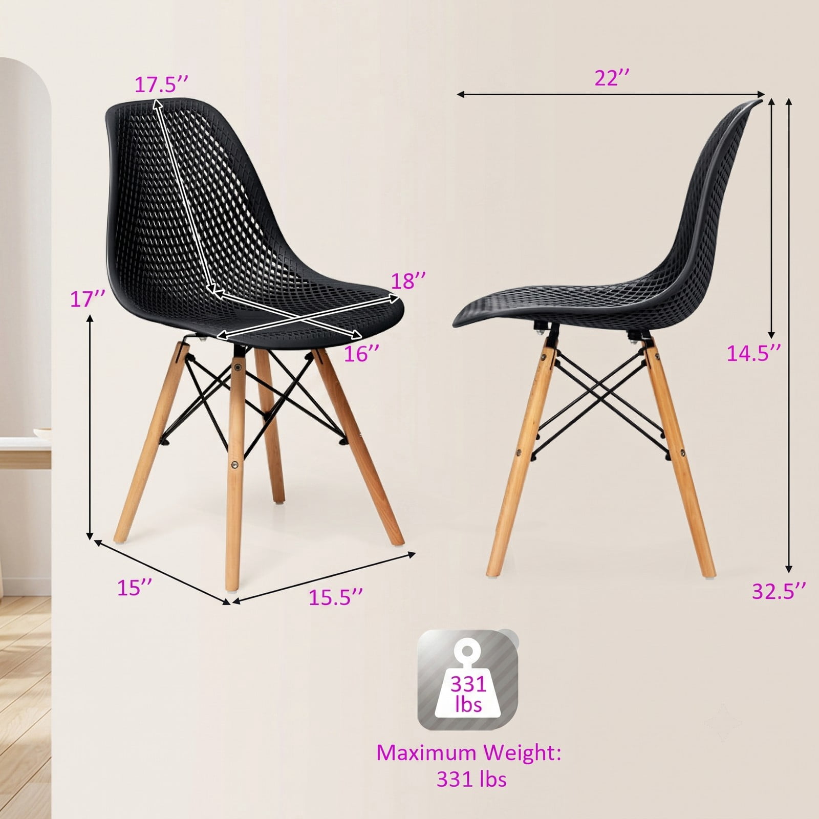 Furnibear Modern Plastic Dining Chair Set of 4, Mid-Century Hollow Kitchen Side Chairs with Solid Beech Wood Legs, Breathable Mesh Back, Waterproof Seat for, Black