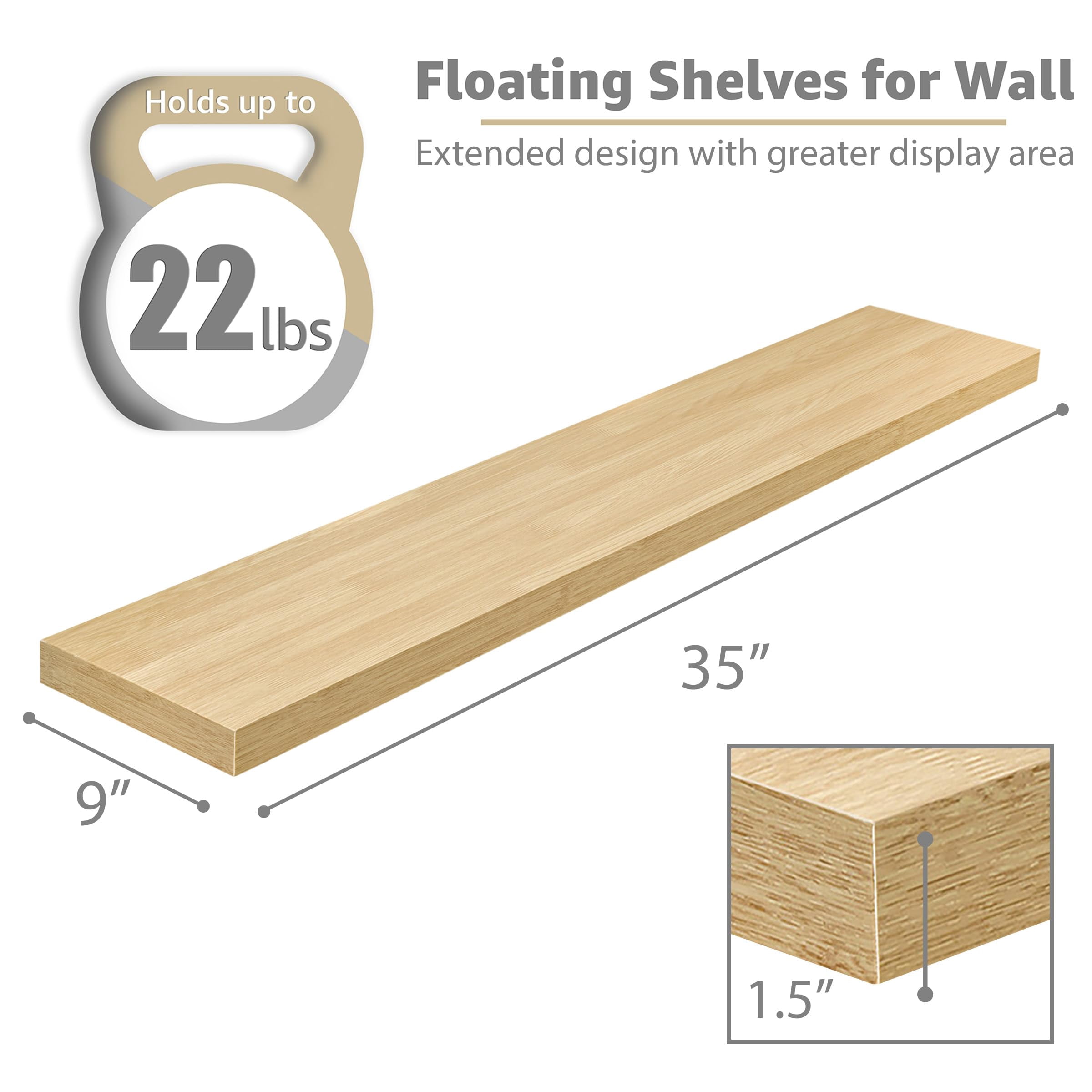 Floating Shelves for Wall - 35 Inch Long Bathroom Shelves, Wall Decor for Bedroom, Kitchen, Living Room & Book Storage - Mounted Floating Shelf with Invisible Brackets, Maple Wood, 3 Pack