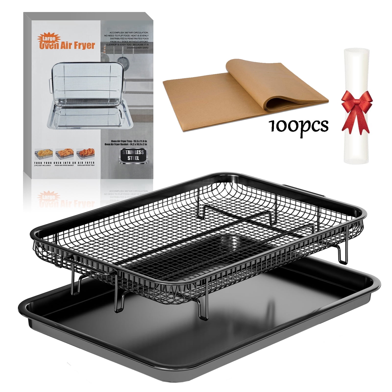 Air Fryer Basket for Oven,Oven Air Fryer Basket and Tray with 30 PCS Parchment Papers,2 Set Stainless Steel Air Fryer Pan and Crisper Tray for Baking Grilling (15.6 x 11.6 inch)