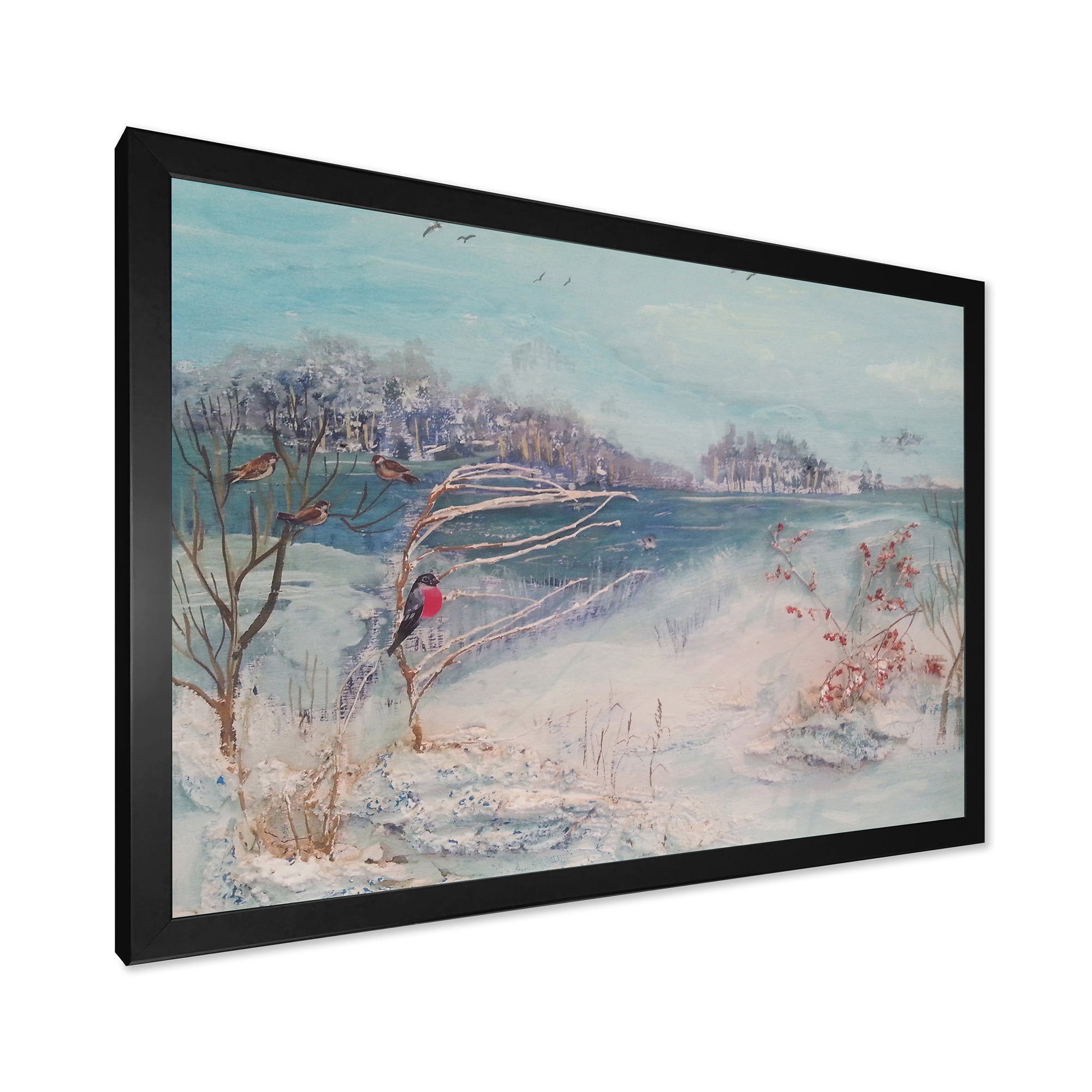 Designart 'Birds and Winter Trees By River' Lake House Framed Art Print