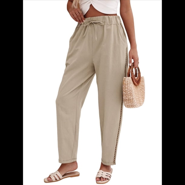 Pantalones de con Cordón Ajustable para Mujer, Pantalones de Playa de Verano con Cintura Elástica. Caqui M
