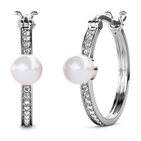 Cate & Chloe Nyla 18k White Gold Plated 22mm Pearl Hoop Earrings with Swarovski Crystals for Women
