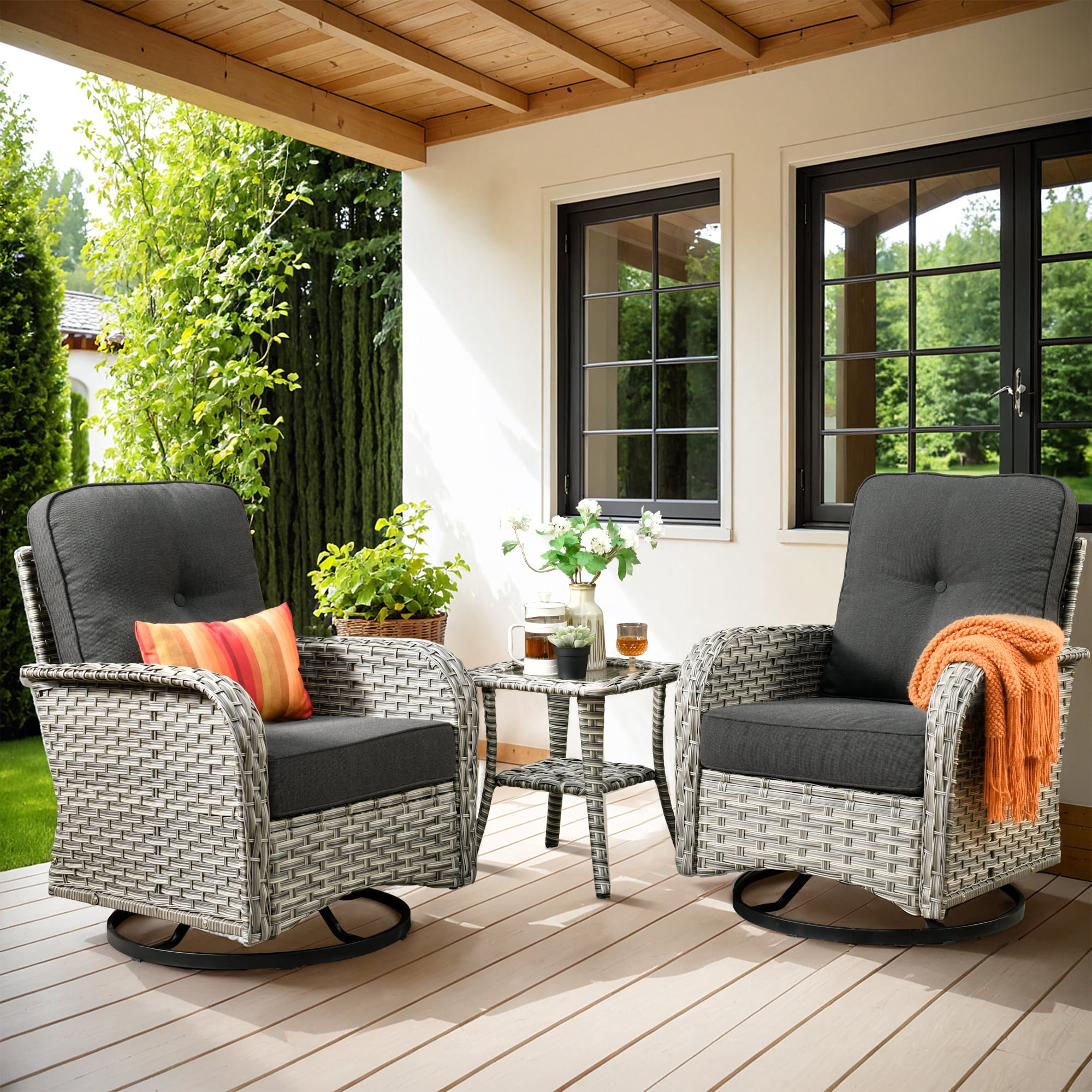 XIZZI 3-Piece Patio Furniture Set High Back Patio Conversation Chairs Set Outdoor Swivel Glider Rocker Chairs Wicker Outdoor Rocking Swivel Chairs with Side Table for Porch, Black