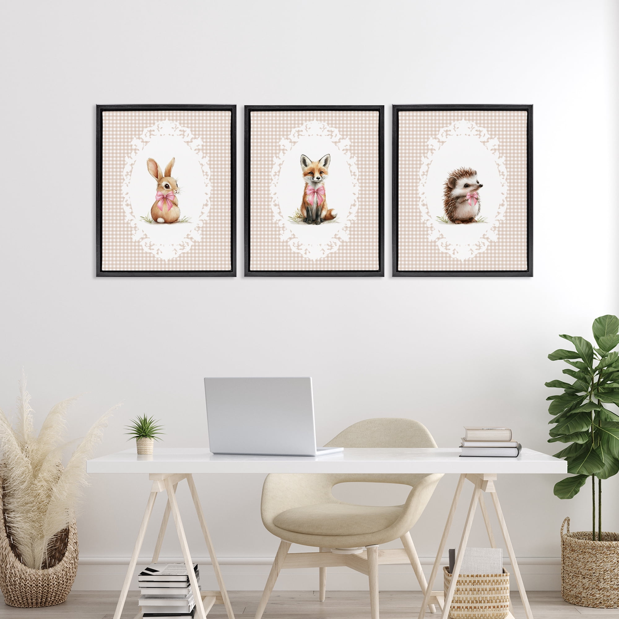 Stupell Industries Vintage Baby Bow Animals 3 Piece Black Framed Floater Canvas Set, design by Christine Simpson Art