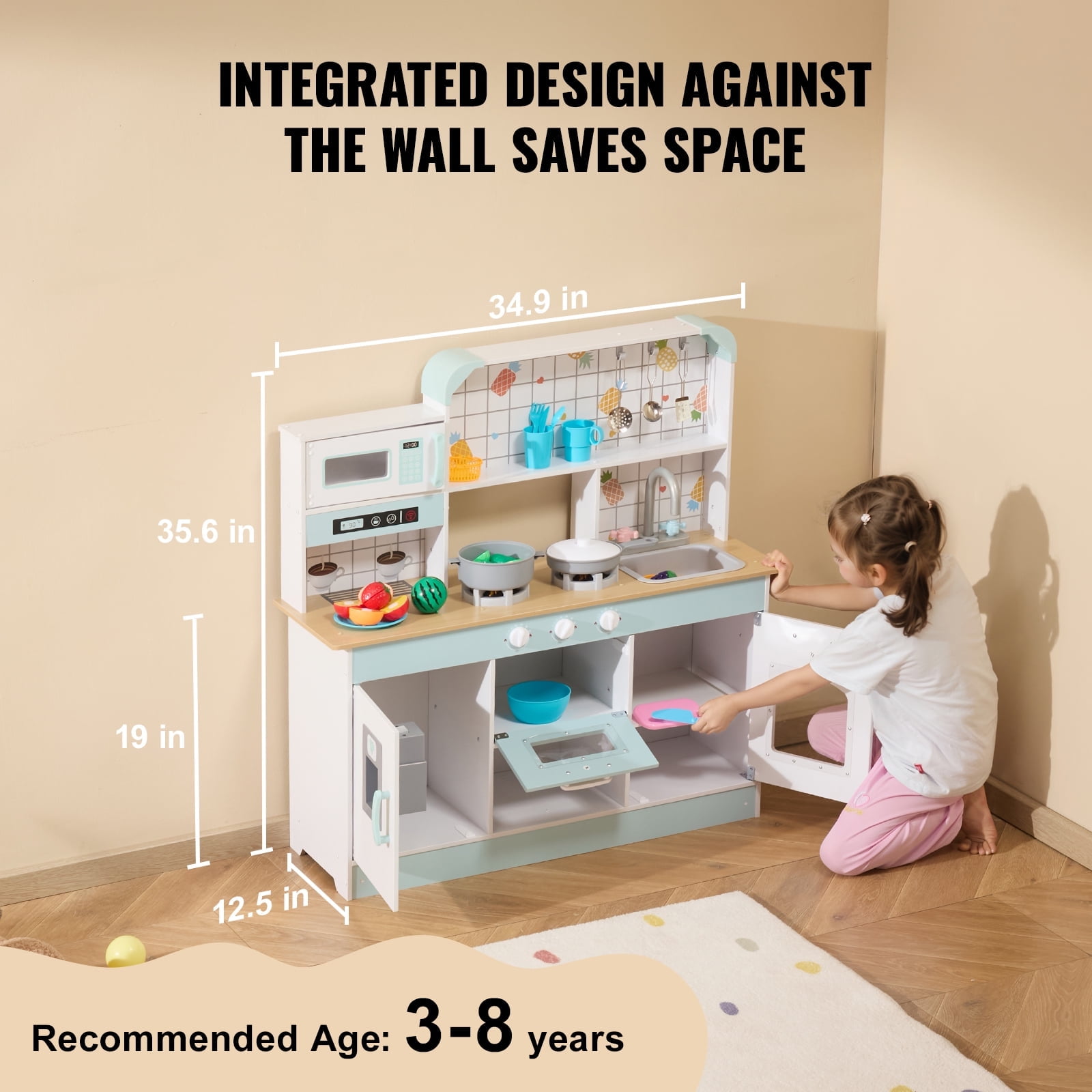 KFFKFF Wooden Play Kitchen Set for Kids, Interactive Toy Kitchen with Lights, Sounds, Ice Maker, Oven, Sink, Microwave, Fridge, and Accessories for Toddlers Ages 3-8, Pink