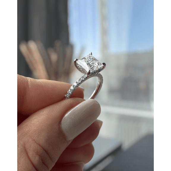 2.00Ct Princess Cut Moissanite Solitaire Engagement Ring, Hidden Halo & Pavé, 10K White Gold