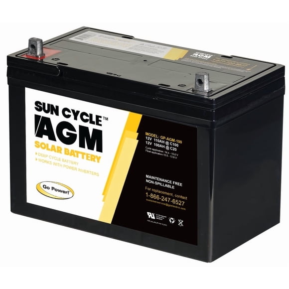 Go Power Battery GP-AGM-100-12V Sun Cycle; Rechargeable Replacement Battery For PV Solar And Inverters; 12 Volts; 100 Amps; Absorbent Glass Mat AGM Deep Cycle Technology; Built-In Carry Handles