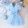 thumbnail image 2 of AWZXDE Baby Summer Girls Fashion Lapel Short Sleeve Lace Up Dress Girls Dress Chiffon Tie Waist Jacket Balloon Sleeve Sky Blue, 2 of 7